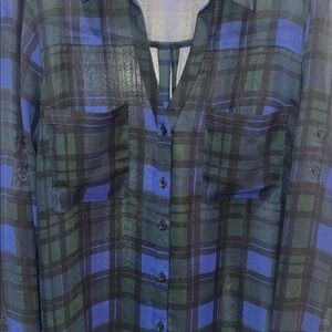 Express women’s portofino sheer Black and Blue Plaid Shirt
